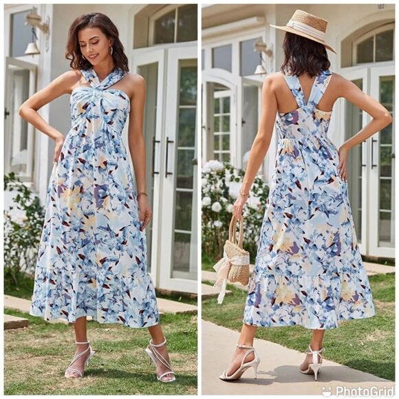 GRACE KARIN Criss Cross Halterneck Sleeveless Summer Floral Flowy A Line Dress - Picture 1 of 13